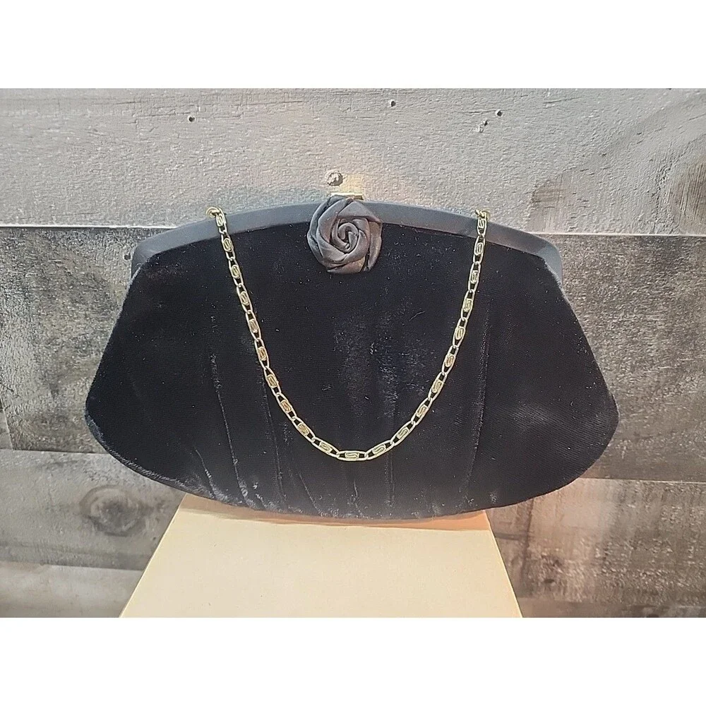 H L USA Black Velvet Clutch Rose Clasp Delicate Gold Chain Vintage Evening Wear